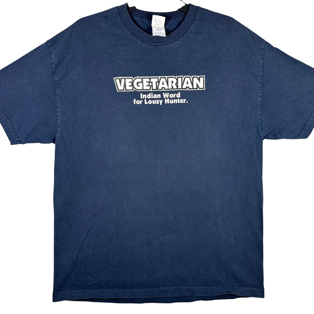 VINTAGE Vegetarian Indian Work For Lousy Hunter Mens XL T-Shirt Blue Funny Y2K - Picture 1 of 5